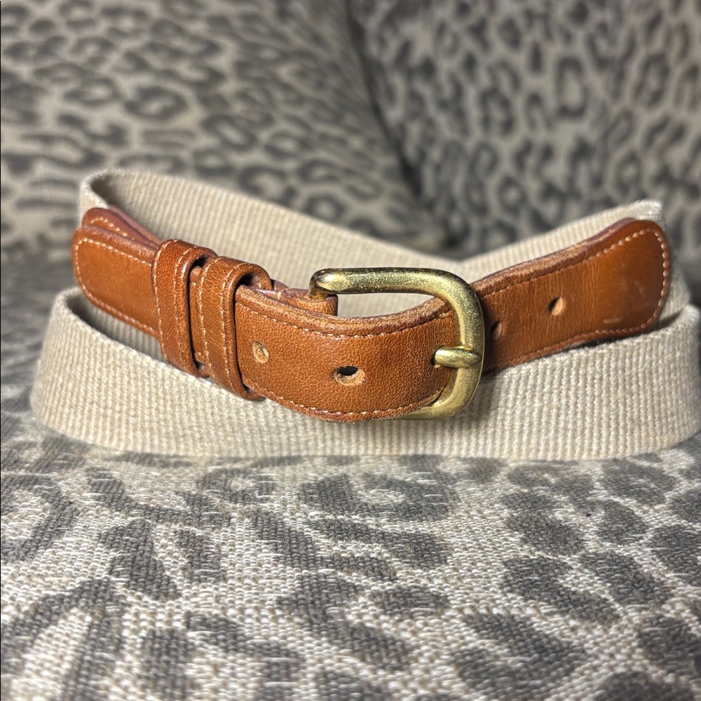 Coach Tan and Brown Leather and Linen Belt with Gold Buckle classic preppy 34”